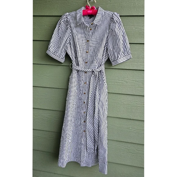 Ann Taylor Stripes Puffed Sleeves A-line Midi Petite Shirt Dress - Picture 2 of 8